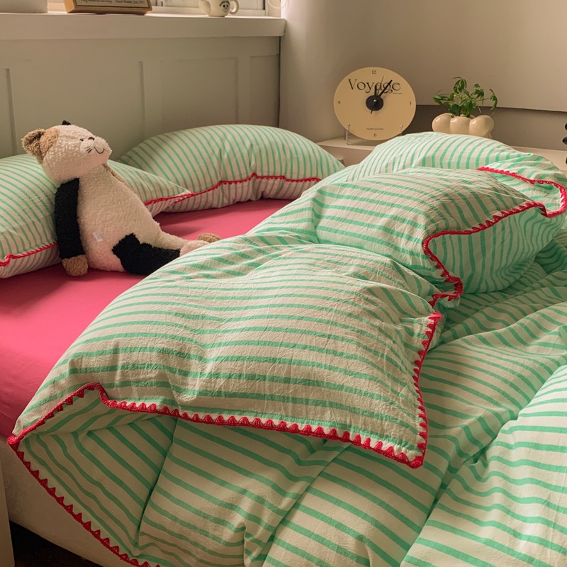 All-Cotton Four-Piece Dopamine Color-Blocking Skin-Friendly Single Duvet Cover Washed Cotton Pure Cotton Student Three-Piece Bed Sheet Set