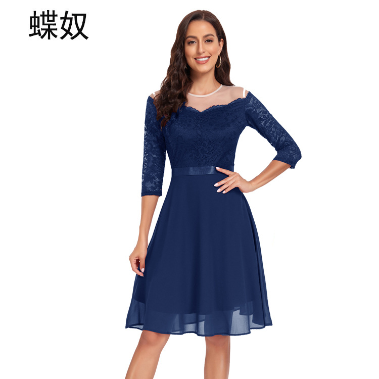 跨境秋冬季女装一字肩中袖收腰蕾丝拼雪纺中长大摆连衣裙现货批发