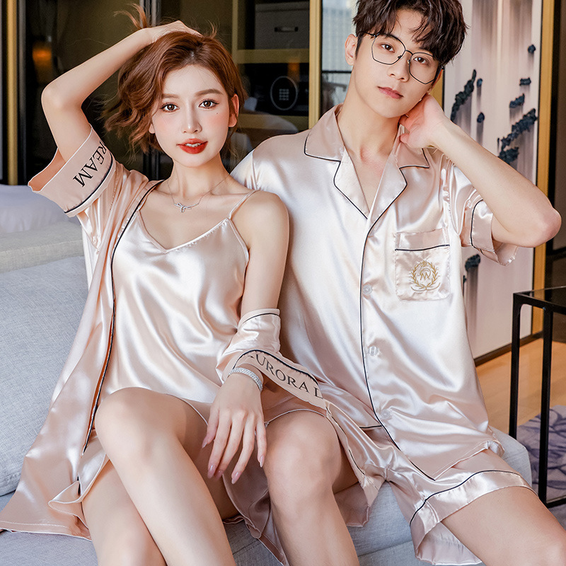 Spring and Autumn Couple's Ice Silk Pajamas Women's Sexy Nightdress Nightgown Two-Piece Set Korean Sweet Men's Silk Home Clothes