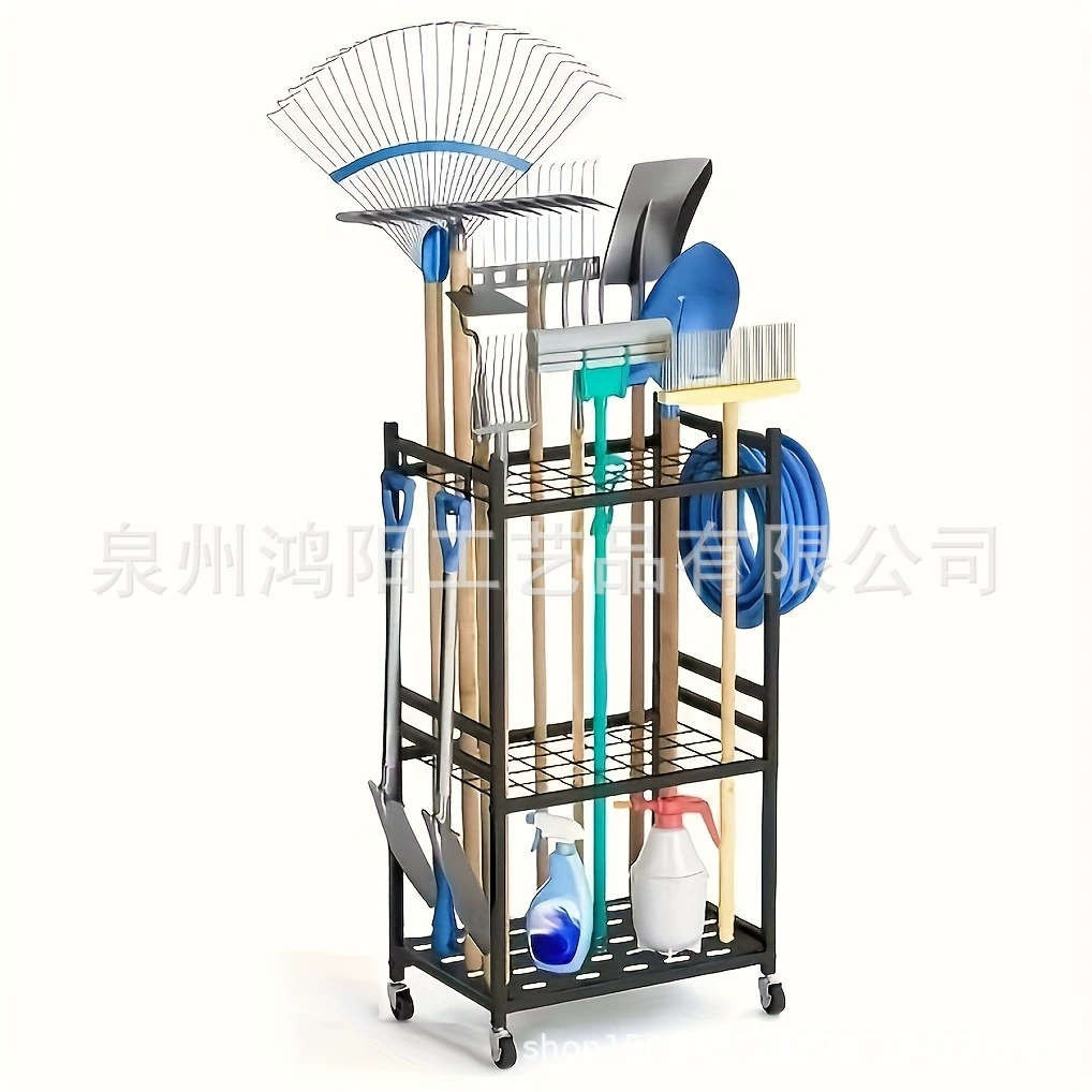 Стойка для садовых инструментов Многослойная стойка для хранения с колесами Сверхмощная стойка для хранения с крючками для хранения Трансграничная