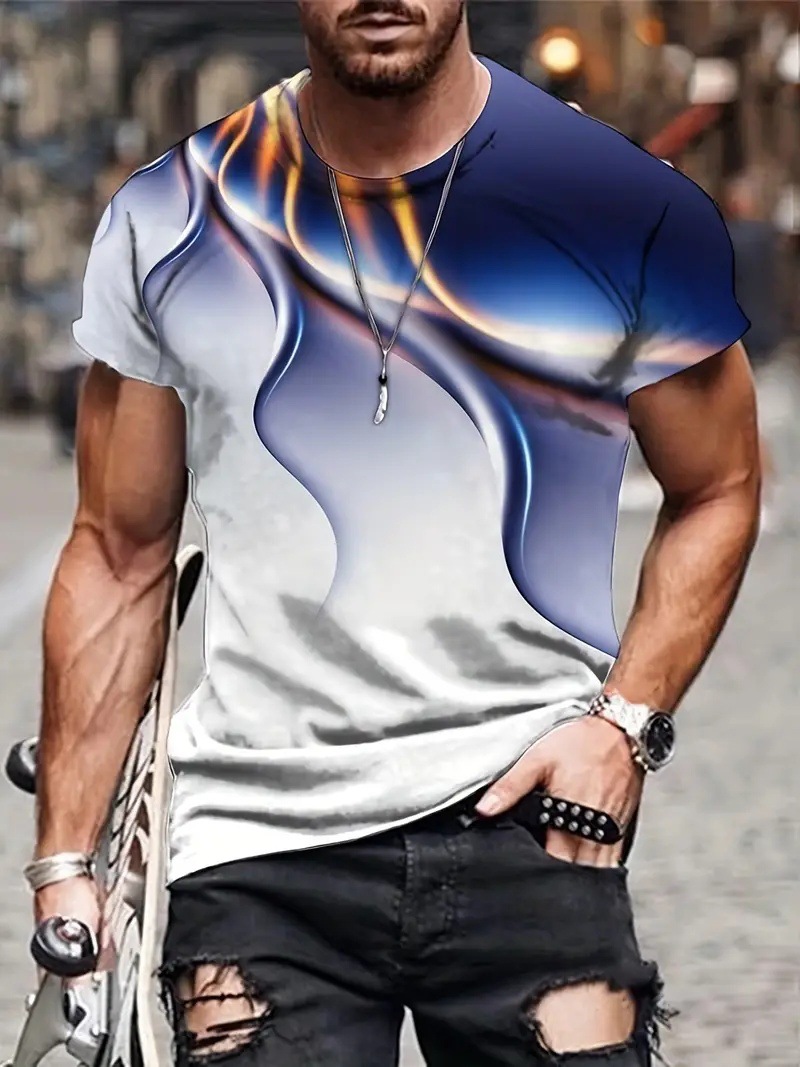 Moda metal colorido halo impresión 3D hombre calle suelta transpirable manga corta cuello redondo camiseta en stock