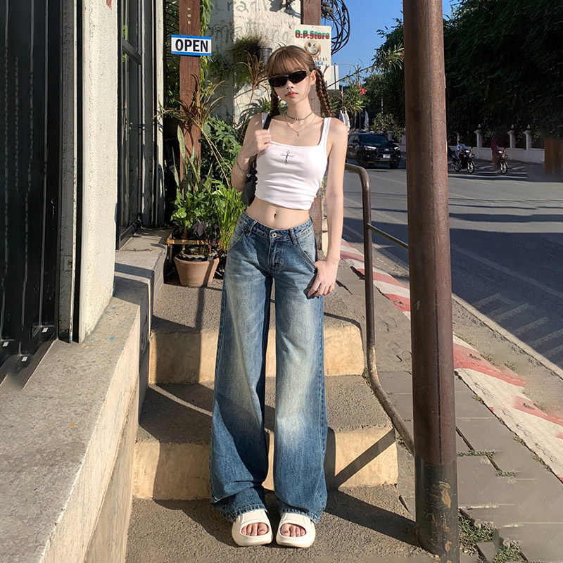 Orange Silk Women's Wear# American Spice Girls Micro-flared Jeans Women's Low Waist Dagging Straight Loose Slim Wide Leg Pants