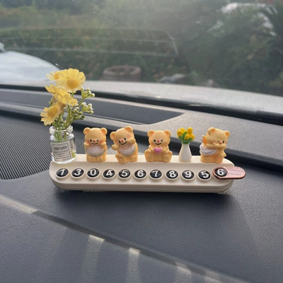 Cute Bear Car Temporary Parking Nömrəli dayanma kartı - 4-little-yellow-bears-little-yellow-daisies-sunflowers-rice-white-aromatherapy-license-plate