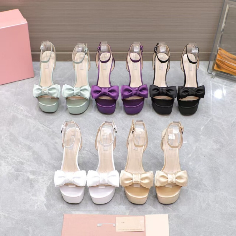 High-End Miu Large Size European and American New Style Bow Silk Waterproof Platform Thick Ultra-High Heel Buckle Fashion Sandals for Women High-End Miu Large Size European and American New Style Bow Silk Waterproof Platform Thick Ultra-High Heel Buckle Fashion Sandals for Women