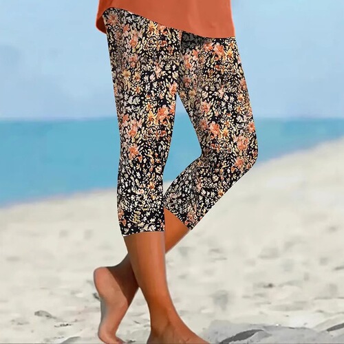 Bottoms with European and American-style independent seaside print, 3/7 length, new summer collection d-style.