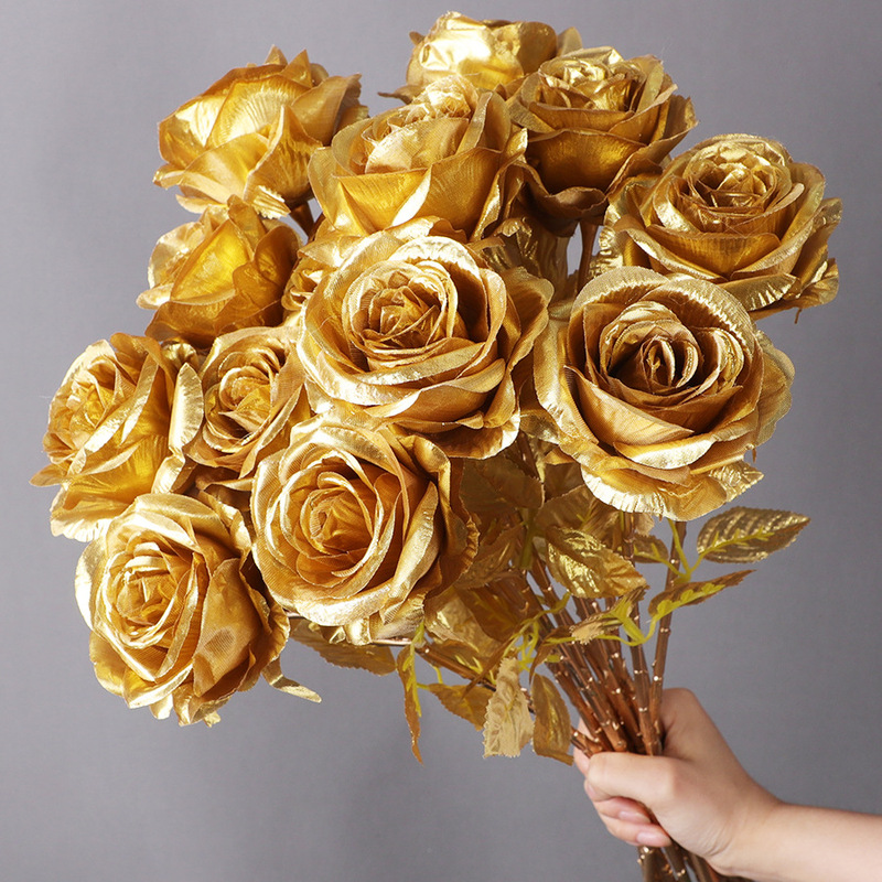 Silk Flower Golden Rose Artificial Flower Full Golden Rose Home Decoration Fake Flower Gold-plated Rose Creative Love