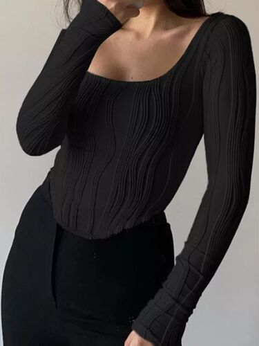Autumn New French-Style Design Pleated U-Neck Simple Solid Color Slim Fit Long-Sleeve Top for Women