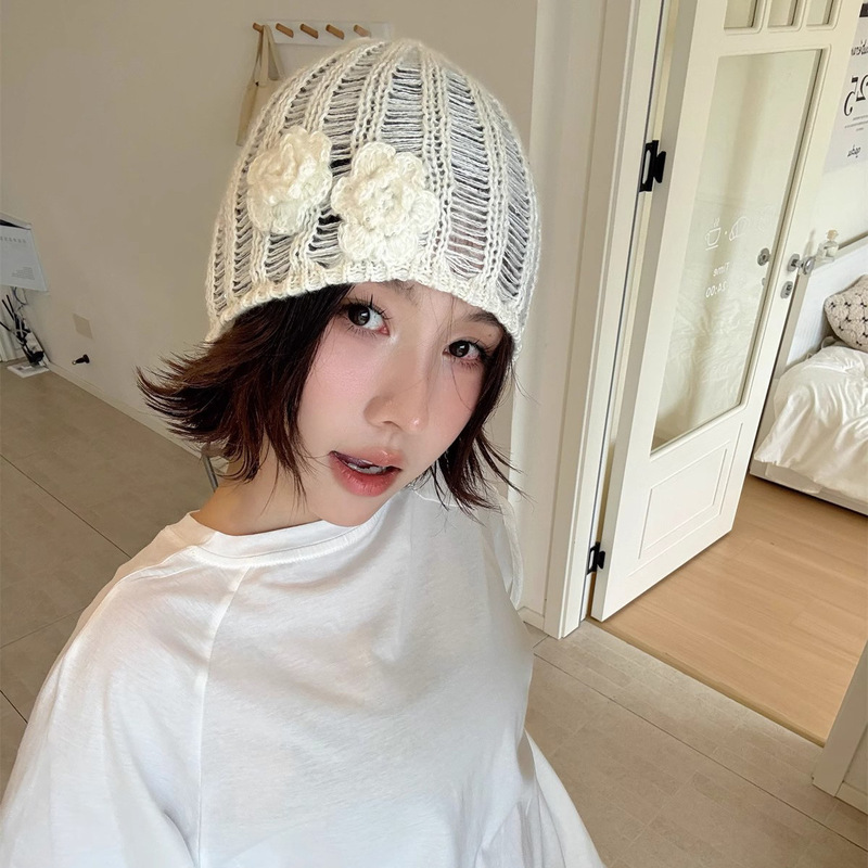 韩系手工立体花朵针织包头帽女早秋百搭辣妹时髦冷帽甜酷毛线帽|undefined