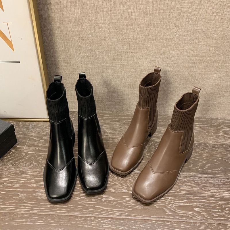 秋冬方头真皮马丁靴针织袜靴毛线瘦瘦短靴女复古方头粗跟马丁靴|undefined