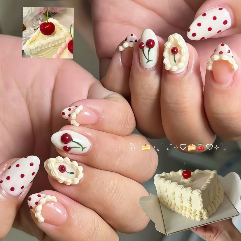 3D three-dimensional cream cherry French polka dot nail wraps, Twice-themed nail art, popular in Europe and America, and a hot-selling item on Instagram 3D three-dimensional cream cherry French polka dot nail wraps, Twice-themed nail art, popular in Europe and America, and a hot-selling item on Instagram
