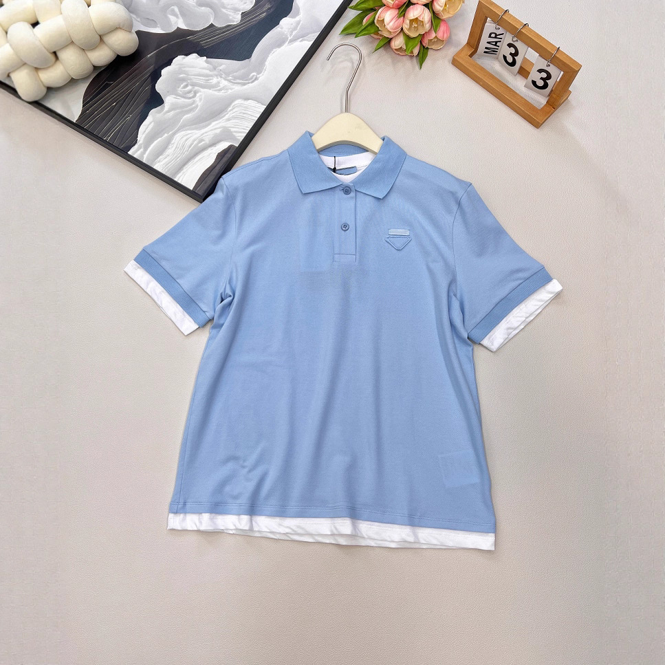 现货P家2025夏季经典三角标Polo衫女半袖翻领撞色假两件短袖T恤女