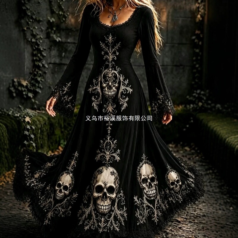 2026 European and American cross-border Halloween-themed skull print V-neck long-sleeve dress with a large hem 2026 European and American cross-border Halloween-themed skull print V-neck long-sleeve dress with a large hem