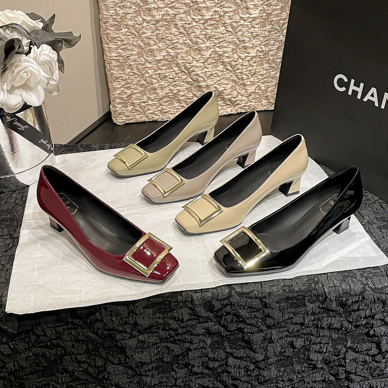nude square toe women's shoes with square buckle black thick heel patent leather bridesmaid shoes commuter shoes wedding shoes rv shallow women's shoes