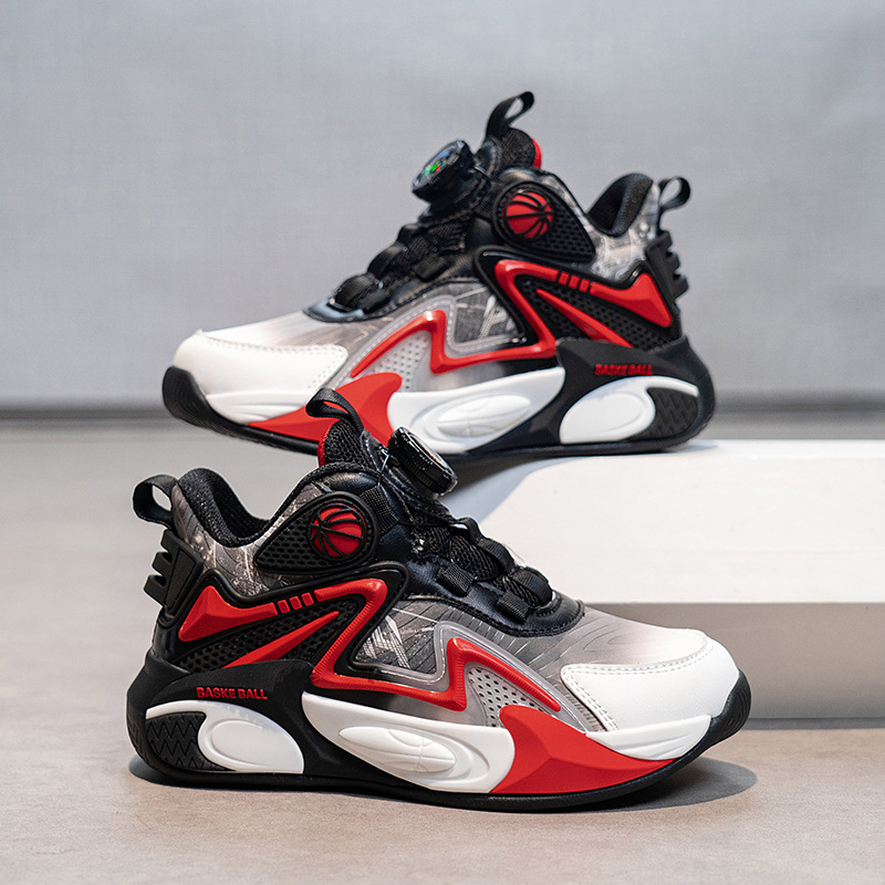 Niños de otoño 2025 nuevos zapatos de baloncesto para niños botones giratorios zapatos deportivos impermeables de cuero para niños