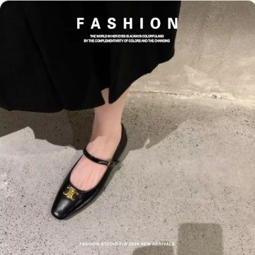 真皮真皮凯旋门扣扣带头层皮单鞋法式复古复古风he金玛丽珍鞋女