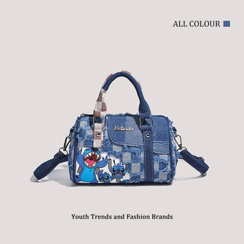2025 New Fashion Versatile Niche Cartoon Stitch Denim Splicing Crossbody Handheld Pillow Bag Boston Bag