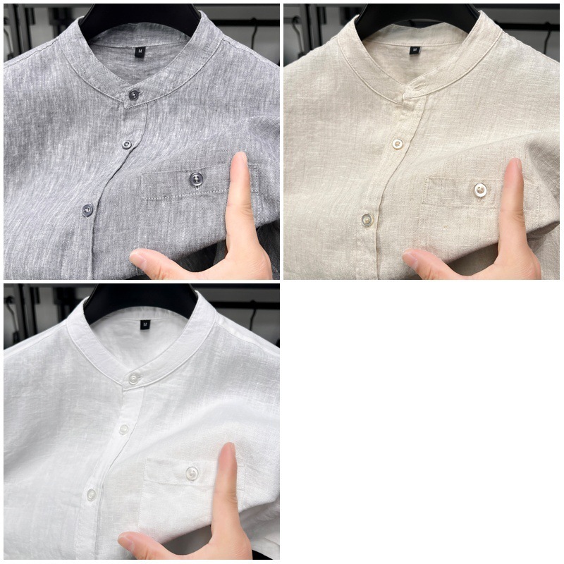 100% リネン半袖 Tシャツメンズシャツ無地スタンドカラー夏の新しい中国風の若者と中年のシャツ薄いスタイル|undefined