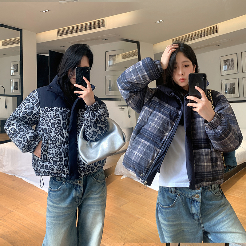 外贸2025秋冬新款欧美豹纹色棉服外套女加厚短款连帽夹克羽绒棉衣|undefined