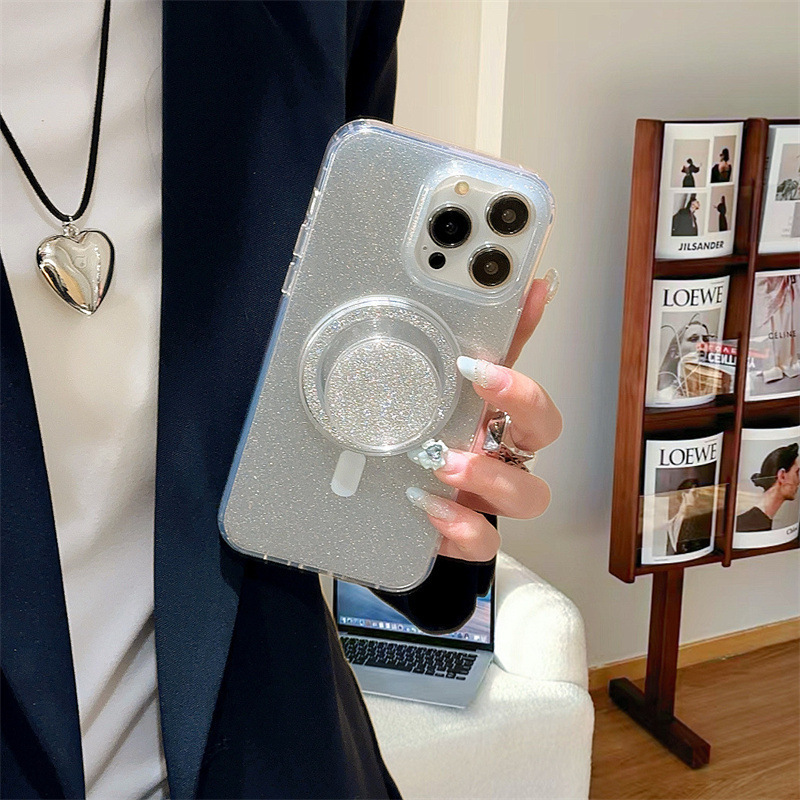 El brillo de hilo de plumas de plata magnético simple ins es adecuado para 14ProMax Apple 15 funda para teléfono móvil iPhone13/12 pareja