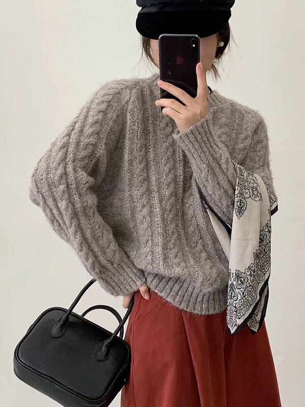 韩系温柔风麻花圆领套头毛衣女秋冬新款软糯百搭针织衫上衣女1346|undefined