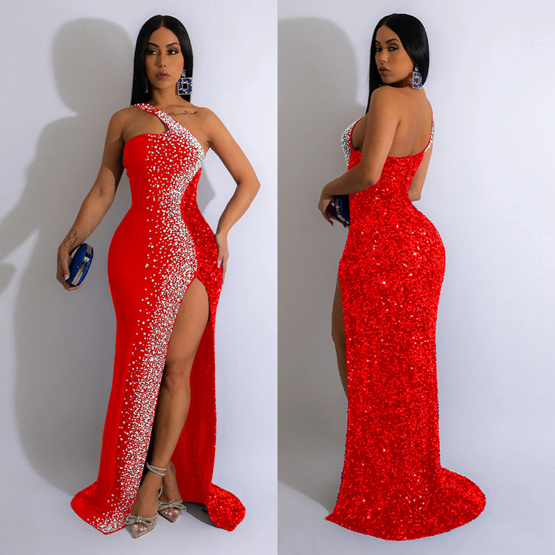 C6365 クロスボーダー AliExpress Amazon ヨーロッパとアメリカのファッション婦人服無地ホットダイヤモンドスパンコールノースリーブロングスカートドレス|undefined