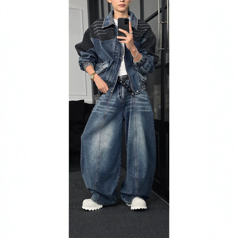 Longdaodao 2026 New Early Spring American Retro Patchwork Denim Jacket Versatile Loose Wide-Leg Pants Set Longdaodao 2026 New Early Spring American Retro Patchwork Denim Jacket Versatile Loose Wide-Leg Pants Set