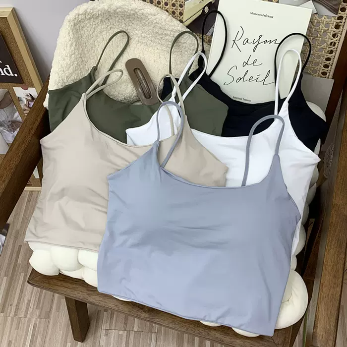 820纯色冰丝吊带背心女美背外穿少女带胸垫纯欲抹胸上衣U领可甜女