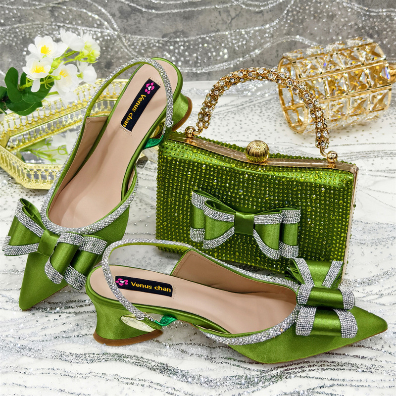 Amazon Shoe Bag suit Combo Women Point Toe Sandals High Heels Rhinestone Shoes with Square Rhinestone Dinner