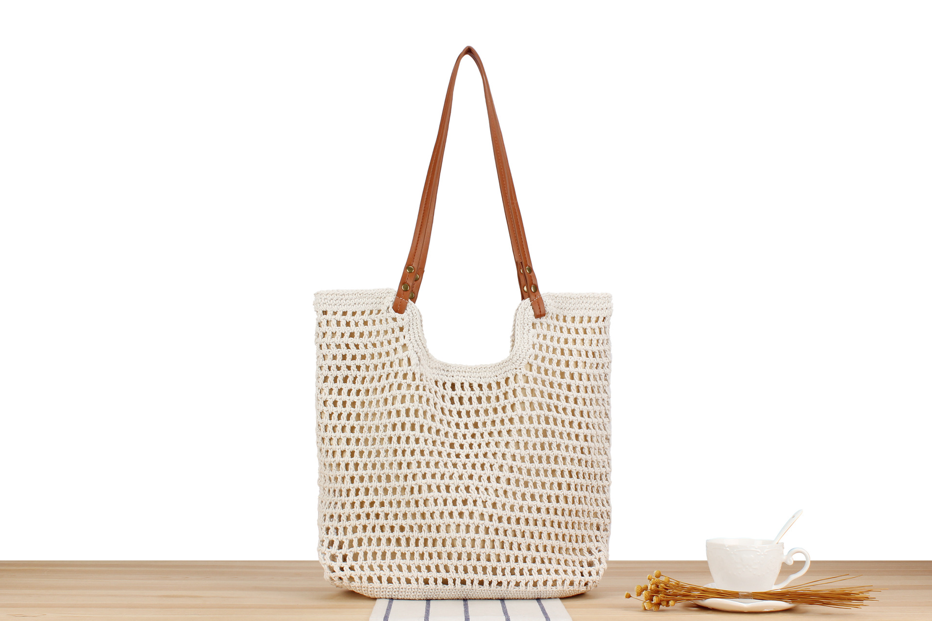 Weave, Hollow Fashion Element Women's Vacation Beach Solid Color Cotton Shopping Bags