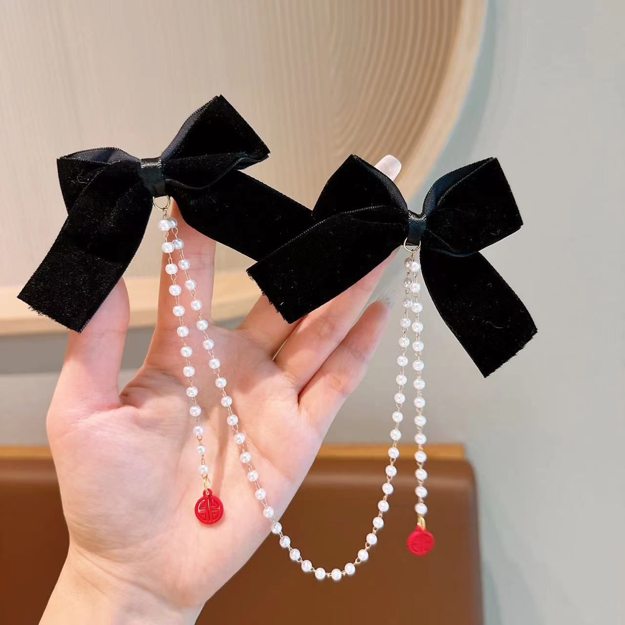 Rojo DE LOS NIÑOS Año Nuevo arco horquilla bebé princesa borla Año Nuevo Niña Accesorios para el cabello niña perla horquilla