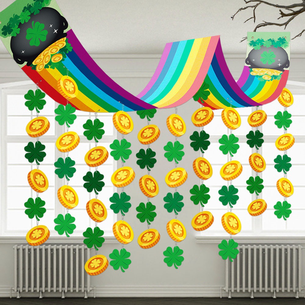 Banner de arco iris del día de San Patricio transfronterizo Lucky Clover Gold Coin Colgante Banner Decoración de escena Accesorios