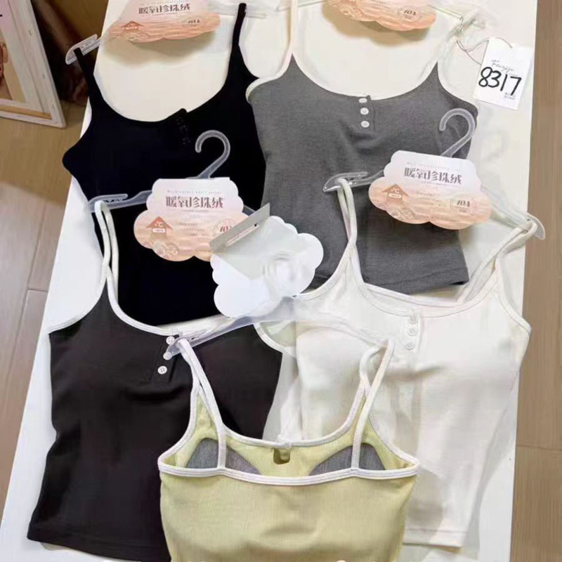 8317秋冬新款暖氧螺纹棉纽扣吊带背心女带胸垫固定杯撞色内搭背心|undefined