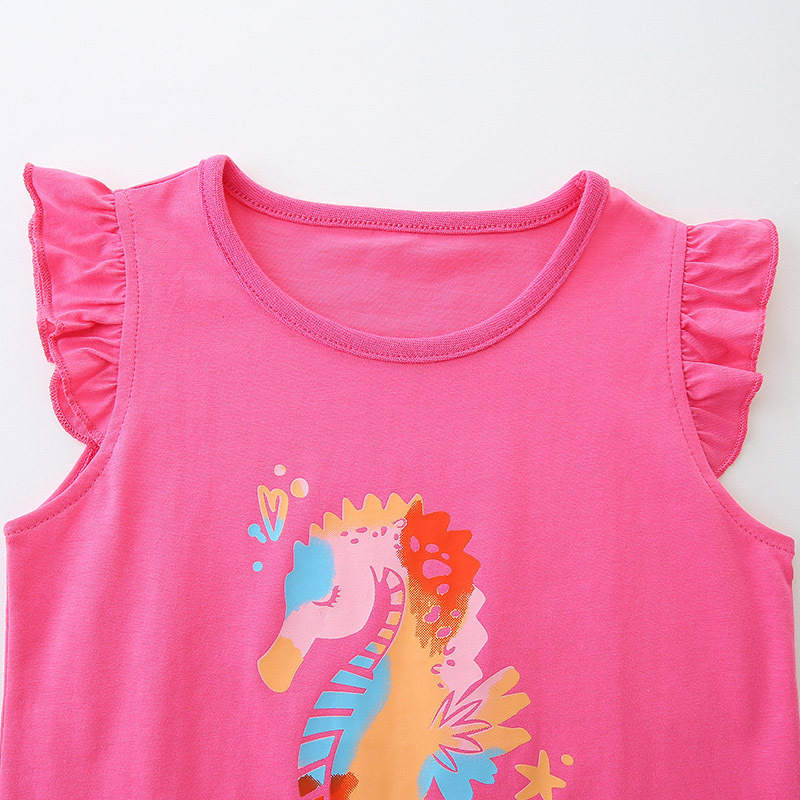 Novedad de verano, traje de manga corta para niñas, conjunto de 2 piezas de pantalones cortos con estampado de caballito de mar de dibujos animados para niños de estilo europeo y americano