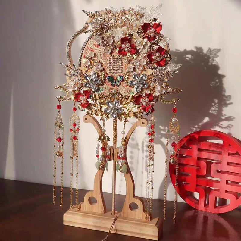 团扇结婚新娘diy材料包手工喜扇秀禾服婚礼中式高级出嫁成品扇子|undefined