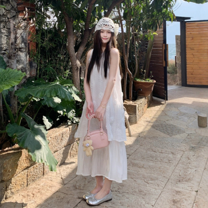 大码夏季法式复古温柔风假两件百褶无袖背心连衣裙女气质长裙|undefined