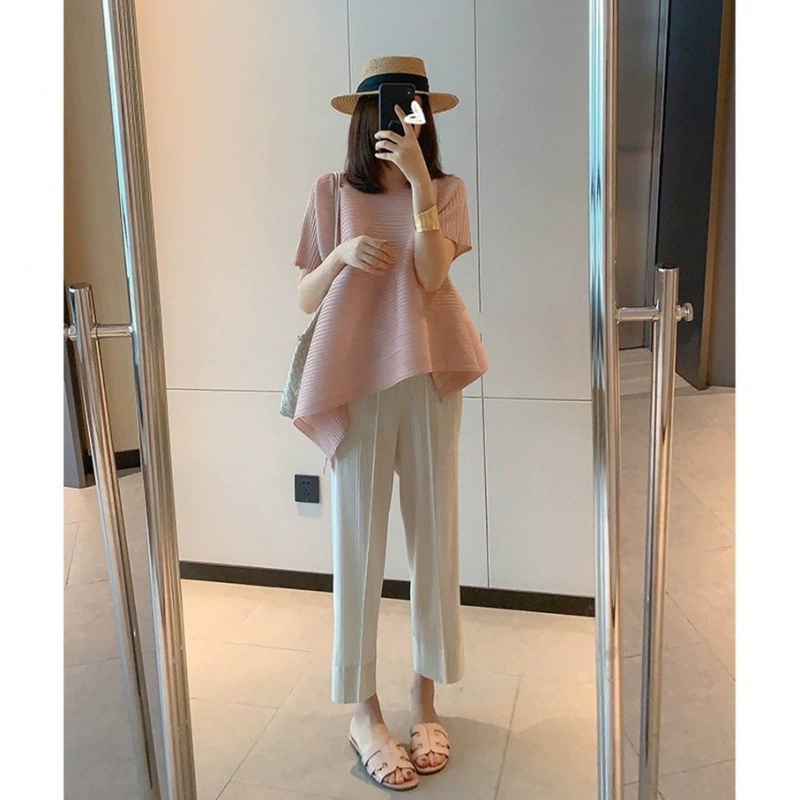 Плиссированный топ Miyake, асимметричный топ с короткими рукавами, летняя плиссированная свободная футболка средней длины с круглым вырезом для похудения для женщин