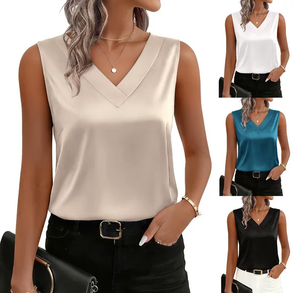 2026 Cross-Border European and American Summer Amazon Women's Satin Camisole V-Neck Casual Sleeveless Shirt Top