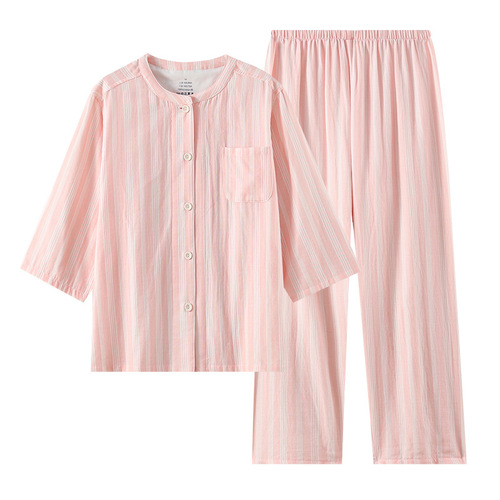 Japanese minimalist pure cotton couple's pajamas double-layered gauze men and women spring and summer thin striped home clothes set