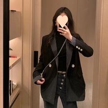 西装外套女公子2024春季韩版条纹拼接假两件小众设计感双排扣上衣