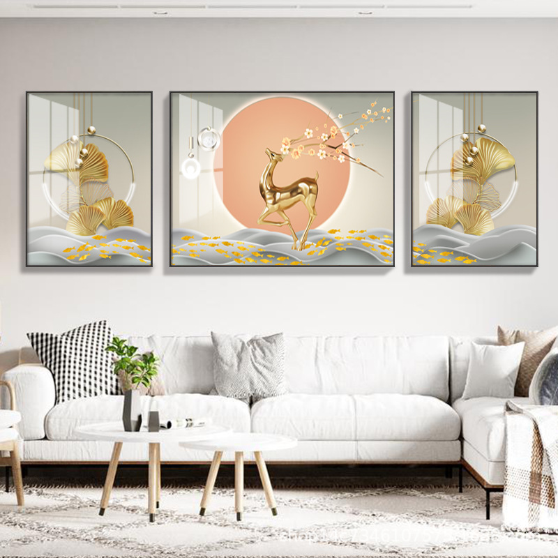 现代简约客厅装饰画福鹿金山抽象三联画沙发背景墙挂画高档墙壁画