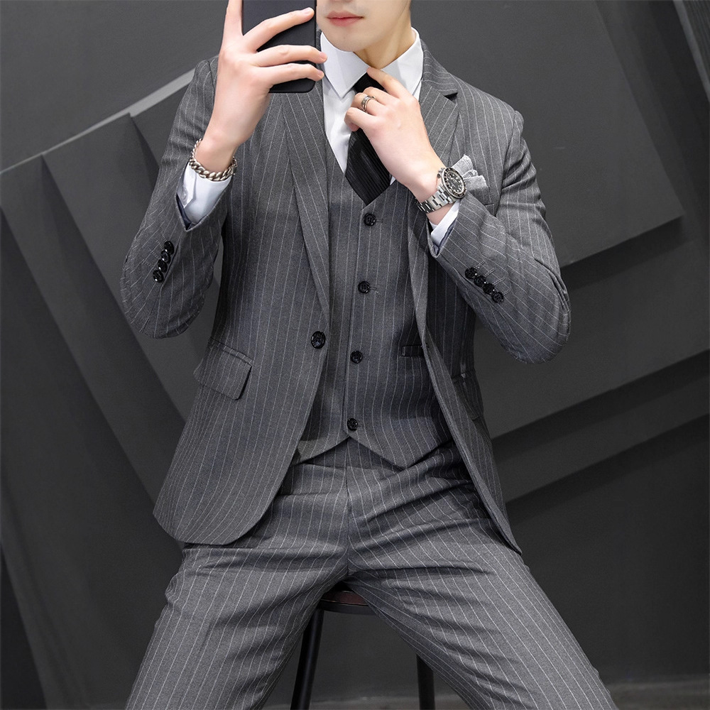 条纹西服套装男士韩版商务正装修身伴郎新郎结婚礼服休闲西装外套