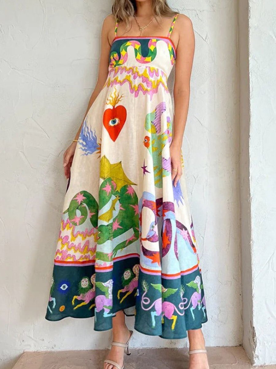 High Waist Waist Line Wholesale Women's Vacation Printing Animal Eye Holiday Daily Beach Strap Sleeveless Strap Dress