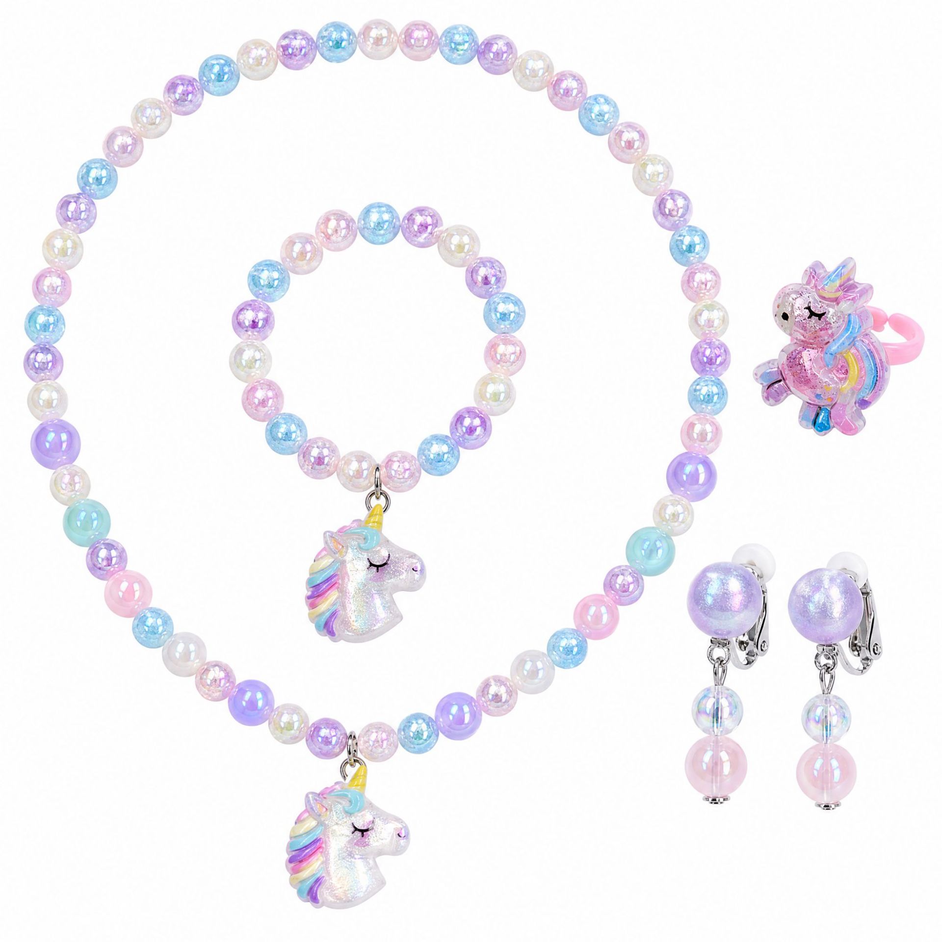 New Rainbow Unicorn Children's Beaded Jewelry Set Girls' Rings, Ear Clips, Necklaces, Bracelets Little Girls' Dress up Accessories