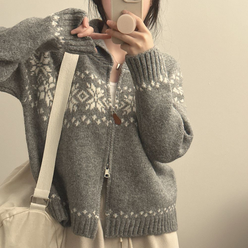 Chique coreano otoño invierno nicho retro Jacquard diseño suelto multifacé camiseta de manga larga suéter chaqueta mujer image 6