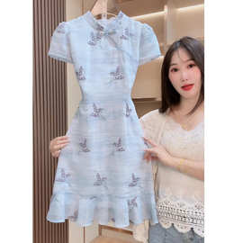 3316秋冬季新款连衣裙复古风蓝色刺绣旗袍改良女装穿搭