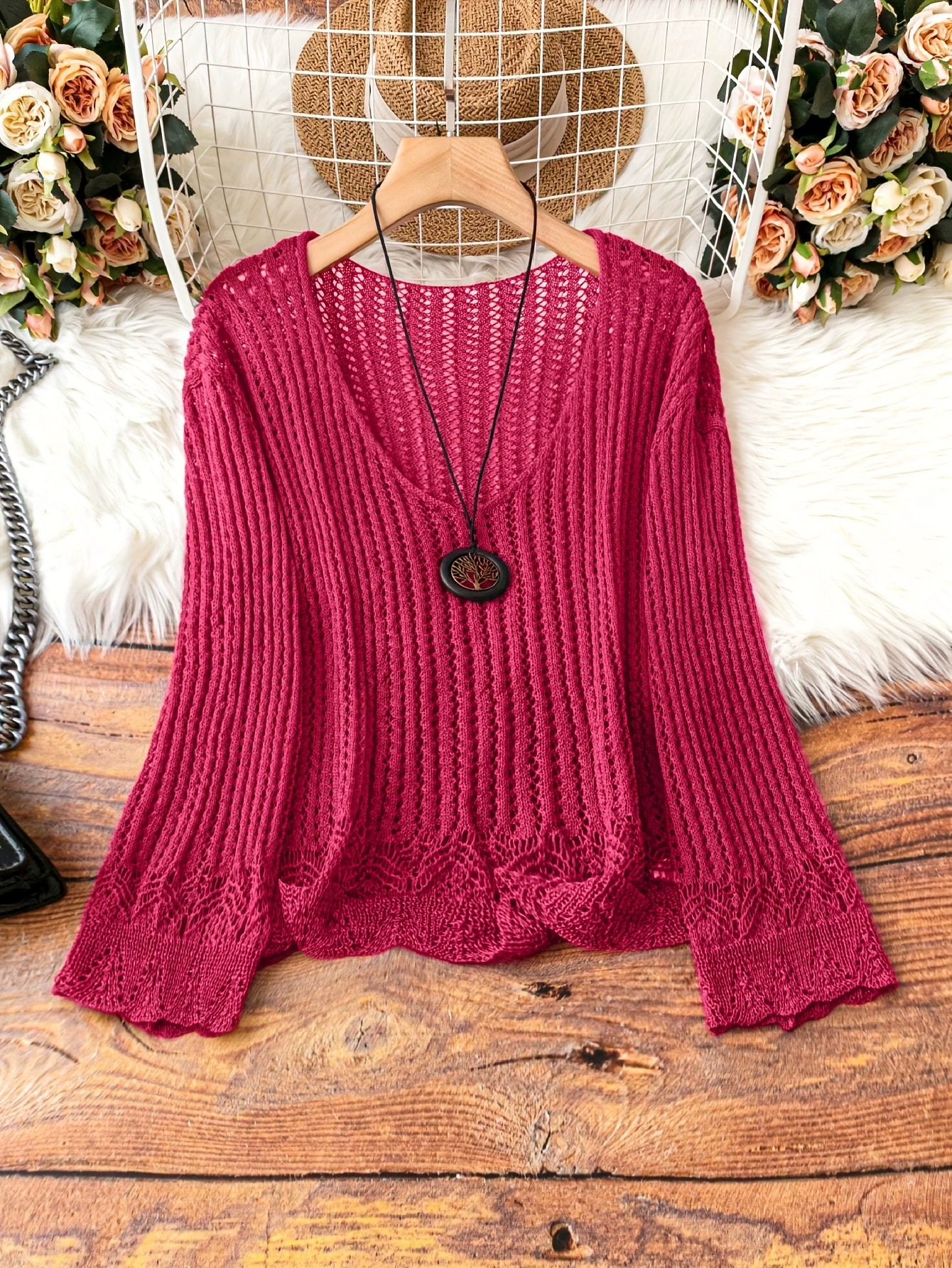[Women'S Boho Chic Brown Knit Cardigan with Large Buttons跨境]
