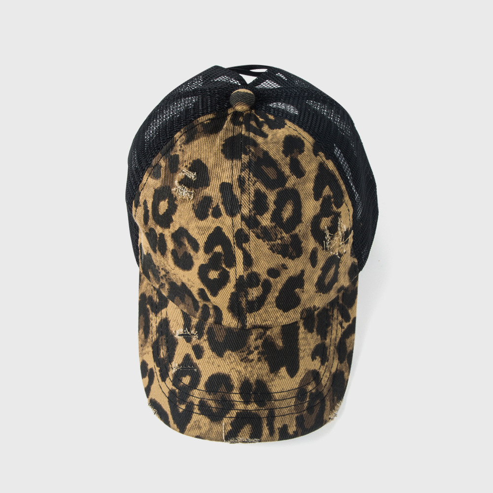 Broken Hole Baseball Cap Frayed Edge Distressed Leopard Print Sunscreen Cap display picture 5