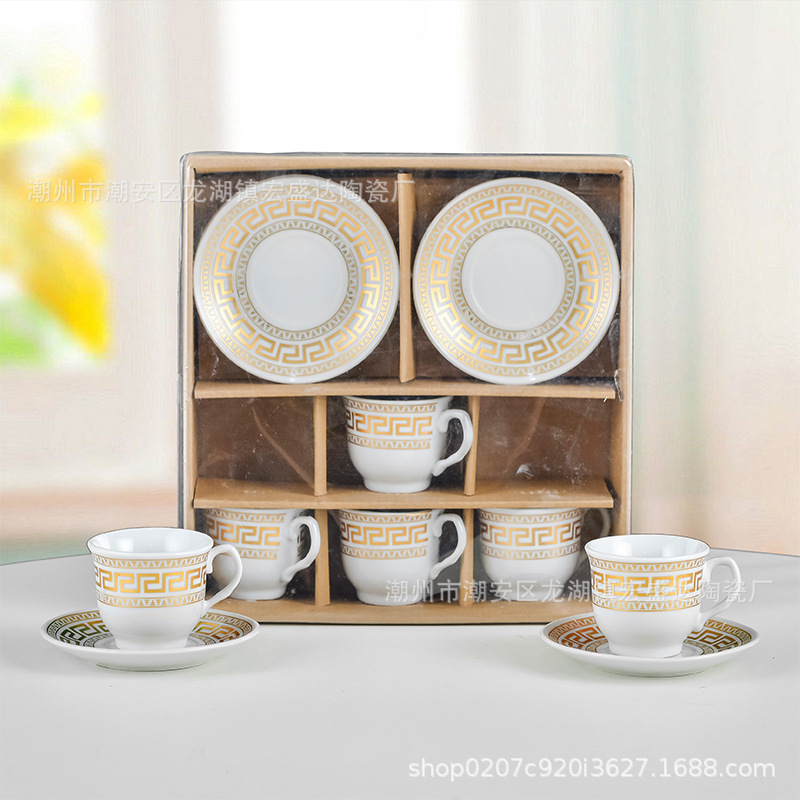 Nuevo conjunto de tazas de café de cerámica europea, tazas de café de estampado transfronterizo, 6 tazas de café de Oriente Medio, 6 platos de café de la tarde