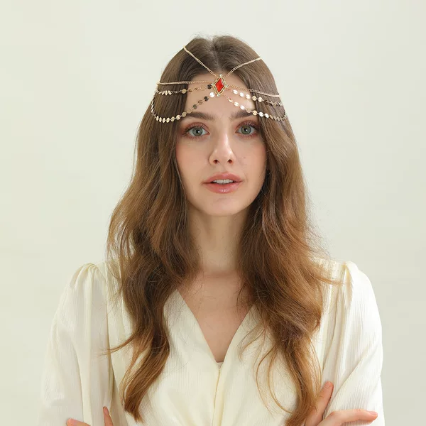 New Headwear, Fashionable and Elegant, Golden Rhinestone Disc Chain Head Chain, Tassel Forehead Chain, Women's Travel Photo Accessories