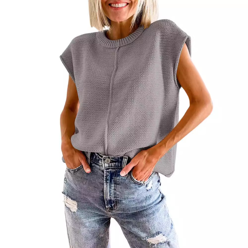 2024 Comercio exterior transfronterizo de Amazon para mujer sin mangas top moda casual cuello redondo suéter de punto suelto mujer